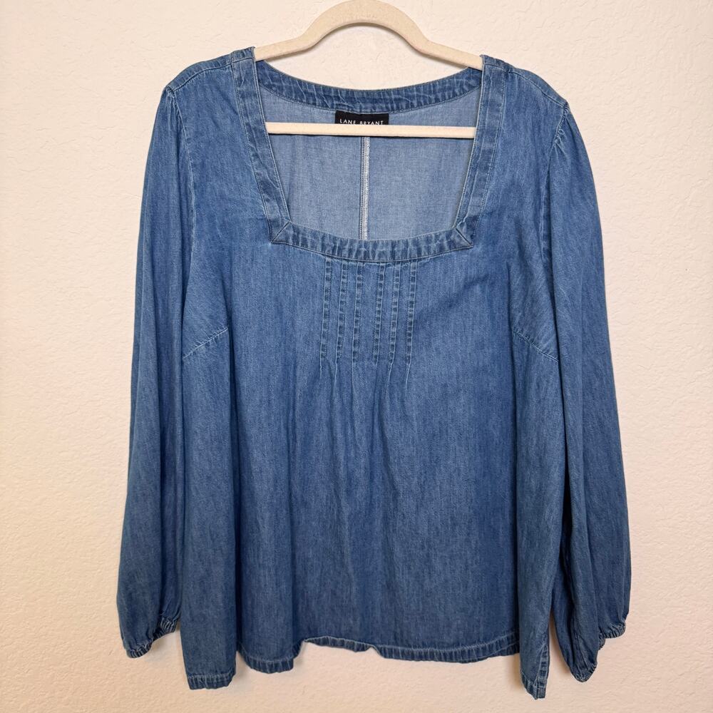 Lane Bryant Women Chambray Denim Blouse Top Size 22 100% Cotton Square Neck Blue